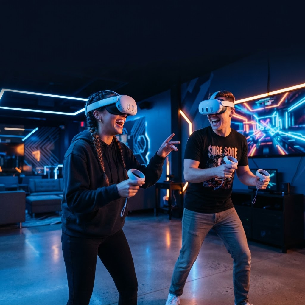 Friends gaming with VR headsets